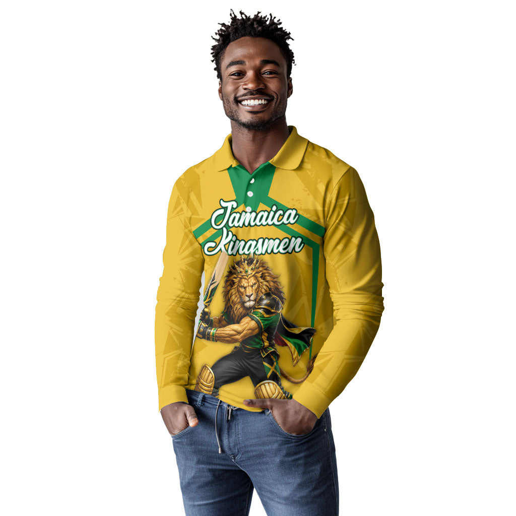 Personalized Jamaica Kingsmen Cricket Lion Long Sleeve Polo Shirt Royal King Batsman Sports Graphic Art