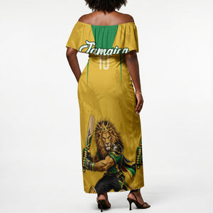 Personalized Jamaica Kingsmen Cricket Lion Off Shoulder Maxi Dress Royal King Batsman Sports Graphic Art