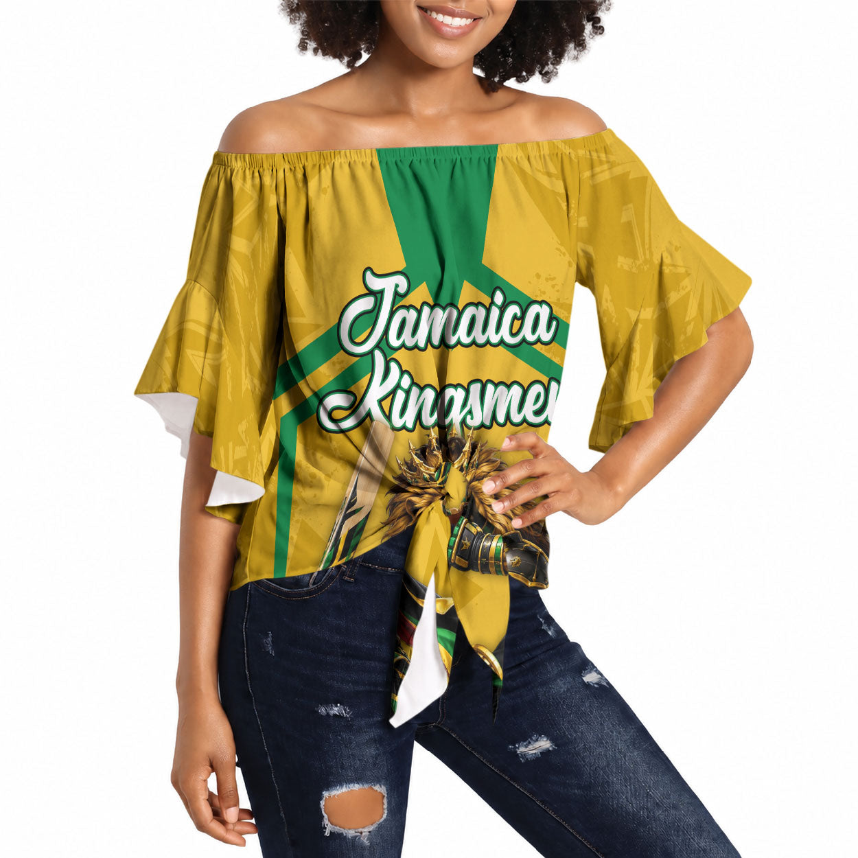 Personalized Jamaica Kingsmen Cricket Lion Off Shoulder Wrap Waist Top Royal King Batsman Sports Graphic Art