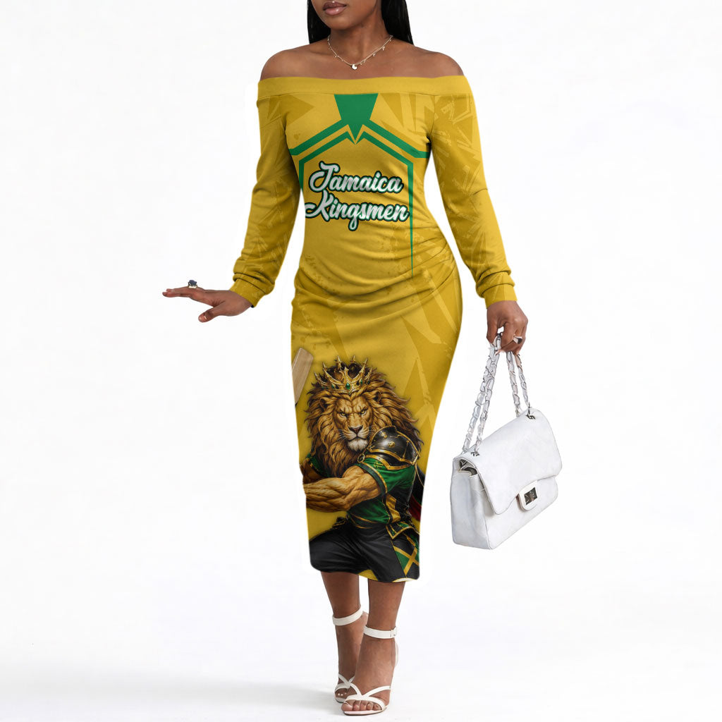 Personalized Jamaica Kingsmen Cricket Lion Off The Shoulder Long Sleeve Dress Royal King Batsman Sports Graphic Art