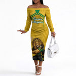 Personalized Jamaica Kingsmen Cricket Lion Off The Shoulder Long Sleeve Dress Royal King Batsman Sports Graphic Art