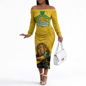 Personalized Jamaica Kingsmen Cricket Lion Off The Shoulder Long Sleeve Dress Royal King Batsman Sports Graphic Art