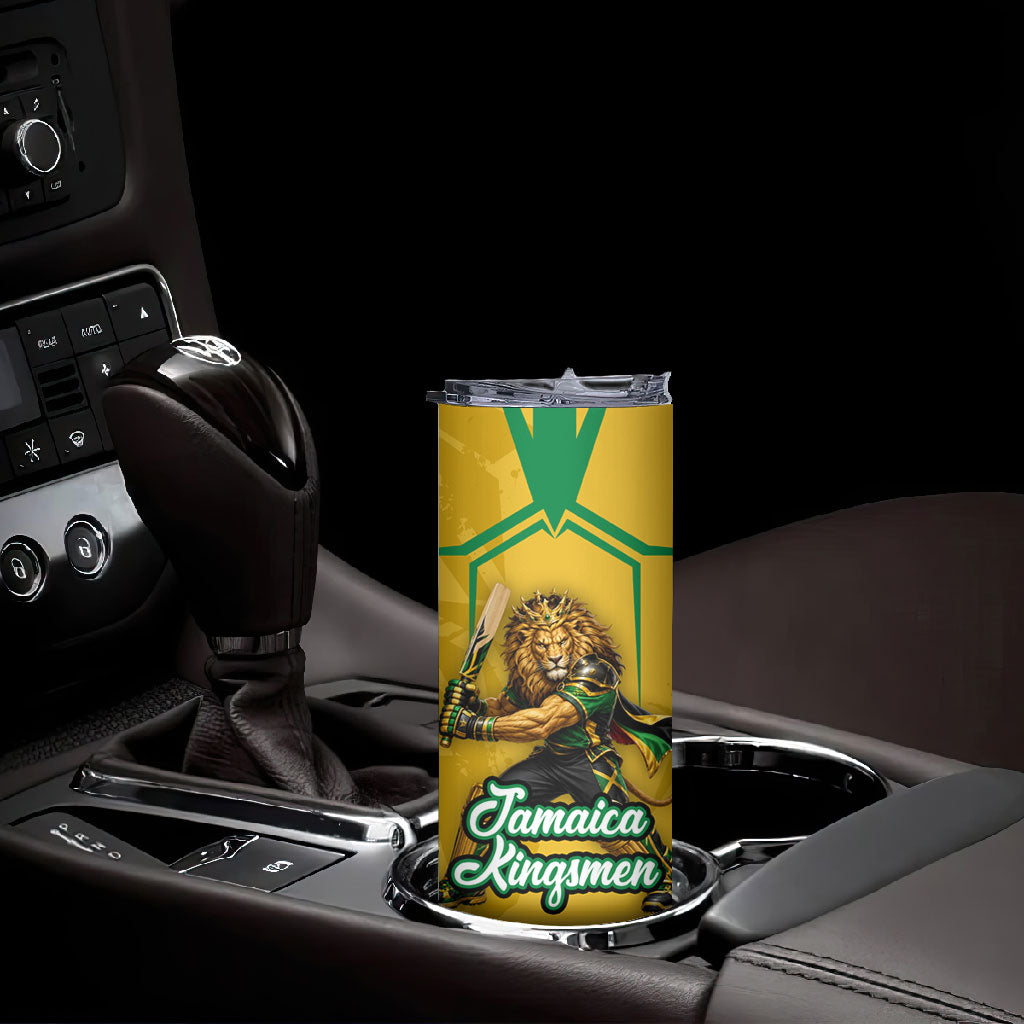 Personalized Jamaica Kingsmen Cricket Lion Skinny Tumbler Royal King Batsman Sports Graphic Art