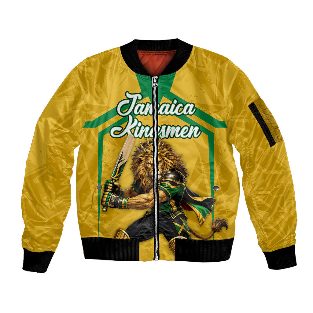 Personalized Jamaica Kingsmen Cricket Lion Sleeve Zip Bomber Jacket Royal King Batsman Sports Graphic Art