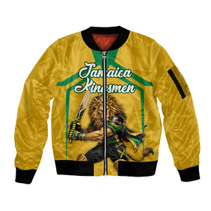 Personalized Jamaica Kingsmen Cricket Lion Sleeve Zip Bomber Jacket Royal King Batsman Sports Graphic Art