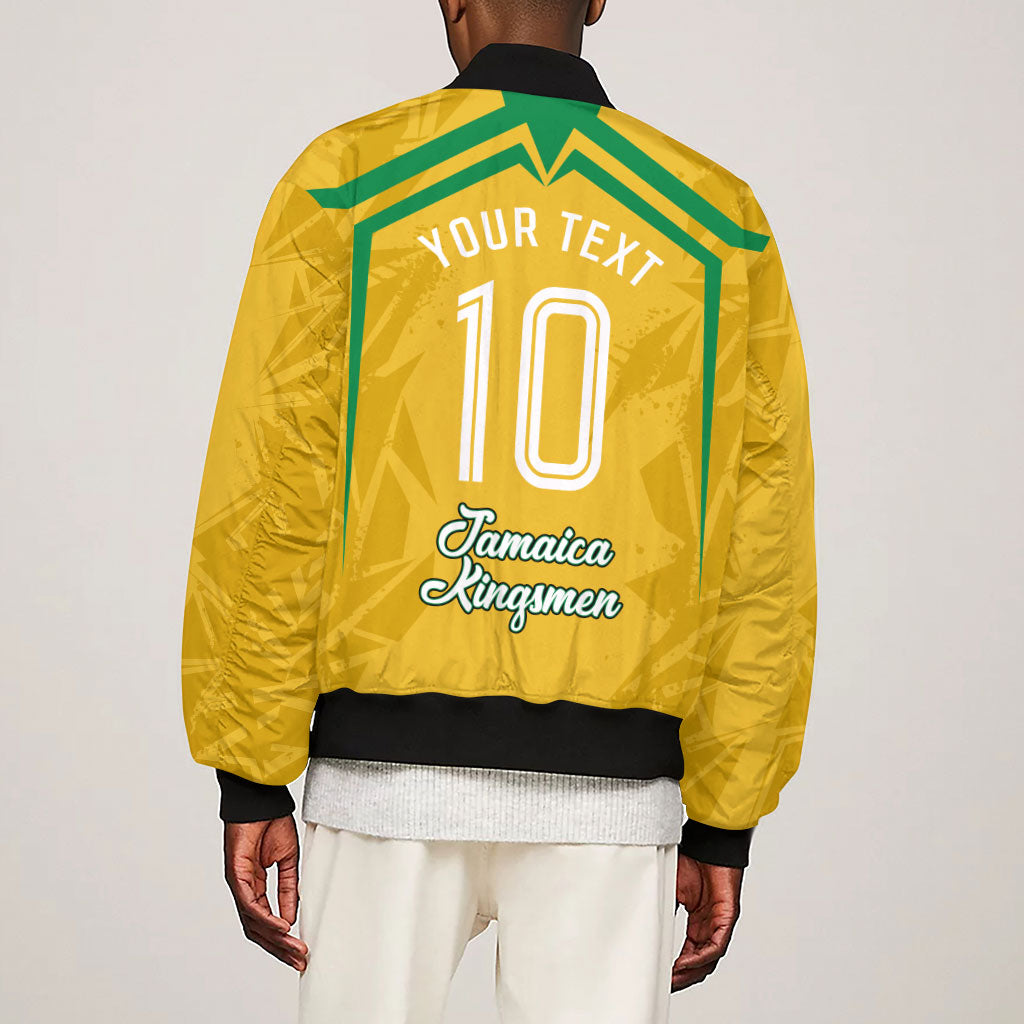 Personalized Jamaica Kingsmen Cricket Lion Sleeve Zip Bomber Jacket Royal King Batsman Sports Graphic Art