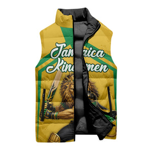 Personalized Jamaica Kingsmen Cricket Lion Sleeveless Puffer Jacket Royal King Batsman Sports Graphic Art