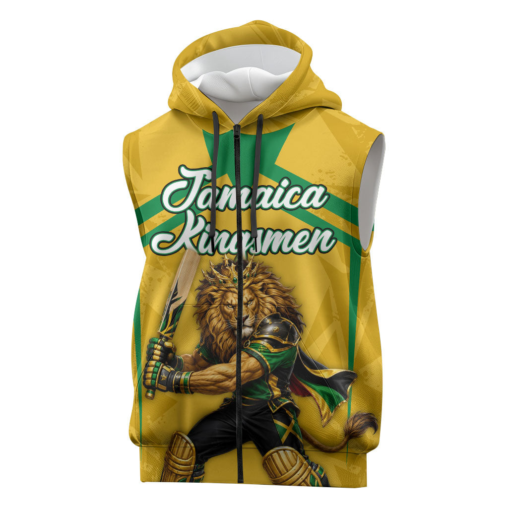 Personalized Jamaica Kingsmen Cricket Lion Sleeveless Zip Hoodie Royal King Batsman Sports Graphic Art