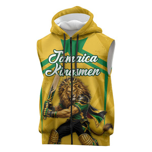 Personalized Jamaica Kingsmen Cricket Lion Sleeveless Zip Hoodie Royal King Batsman Sports Graphic Art
