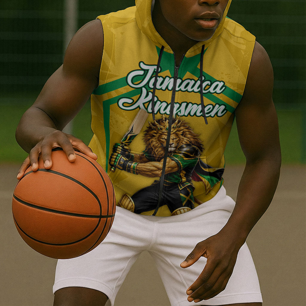 Personalized Jamaica Kingsmen Cricket Lion Sleeveless Zip Hoodie Royal King Batsman Sports Graphic Art