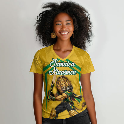Personalized Jamaica Kingsmen Cricket Lion Women V-Neck T-Shirt Royal King Batsman Sports Graphic Art