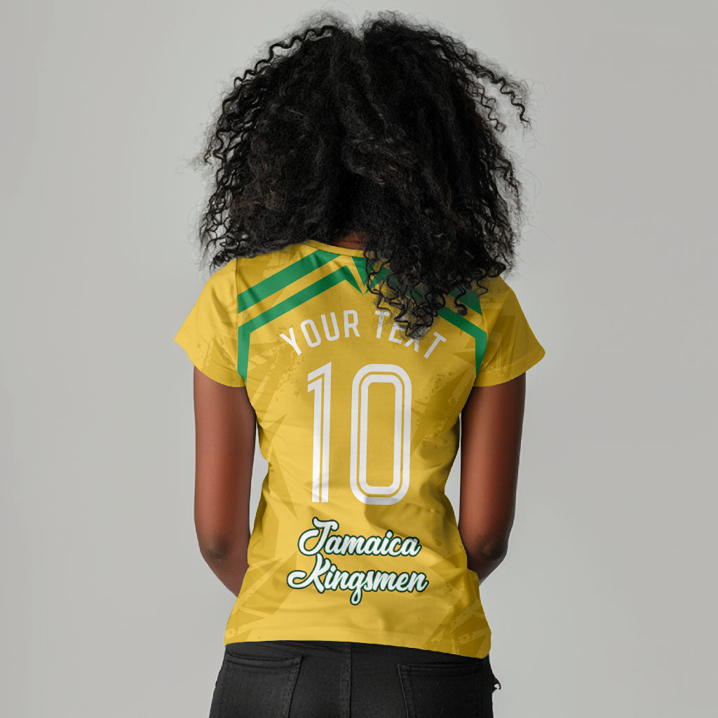 Personalized Jamaica Kingsmen Cricket Lion Women V-Neck T-Shirt Royal King Batsman Sports Graphic Art