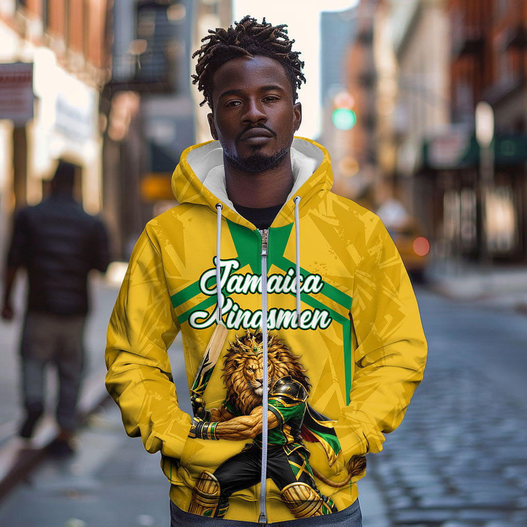 Personalized Jamaica Kingsmen Cricket Lion Zip Hoodie Royal King Batsman Sports Graphic Art
