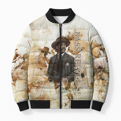 Bass Reeves Spirit Frontier Legend Bomber Puffer Jacket African American Marshal Horse Riding Western Watercolor