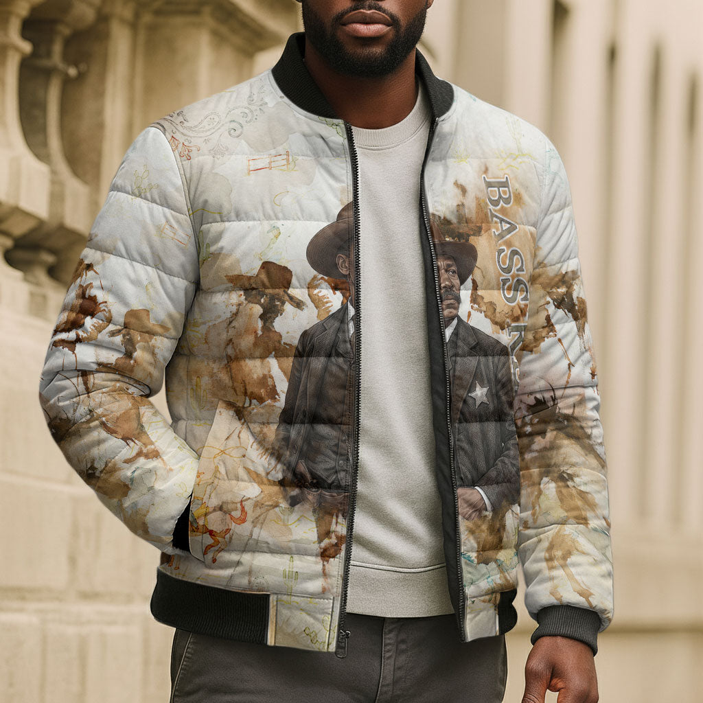 Bass Reeves Spirit Frontier Legend Bomber Puffer Jacket African American Marshal Horse Riding Western Watercolor
