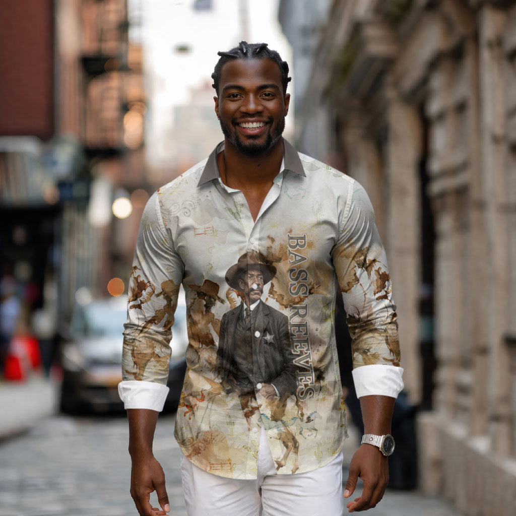 Bass Reeves Spirit Frontier Legend Long Sleeve Button Shirt African American Marshal Horse Riding Western Watercolor