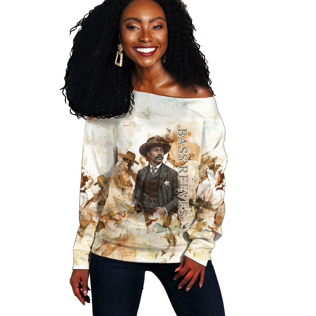 Bass Reeves Spirit Frontier Legend Off Shoulder Sweater African American Marshal Horse Riding Western Watercolor