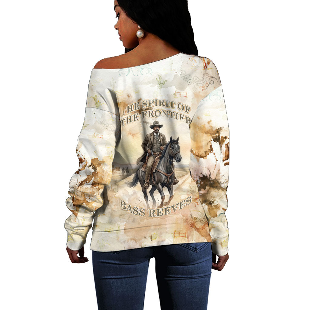 Bass Reeves Spirit Frontier Legend Off Shoulder Sweater African American Marshal Horse Riding Western Watercolor