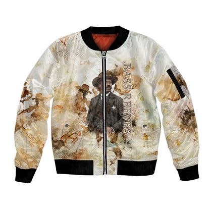 Bass Reeves Spirit Frontier Legend Sleeve Zip Bomber Jacket African American Marshal Horse Riding Western Watercolor
