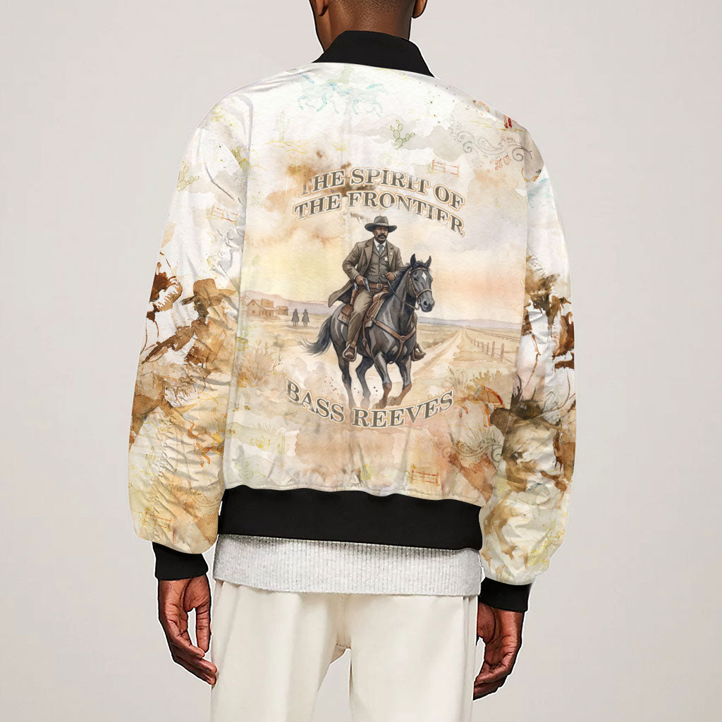 Bass Reeves Spirit Frontier Legend Sleeve Zip Bomber Jacket African American Marshal Horse Riding Western Watercolor