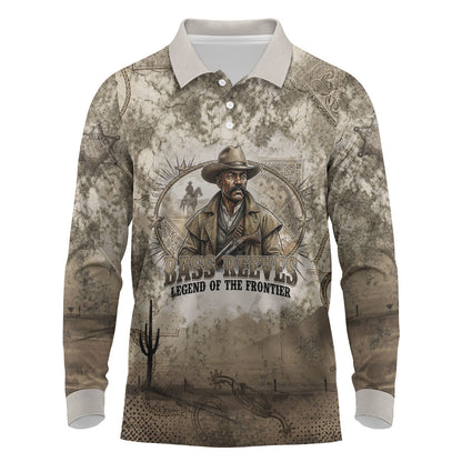 Bass Reeves Legend Black Cowboy Long Sleeve Polo Shirt Western Legend Vintage - Legend Of The Frontier