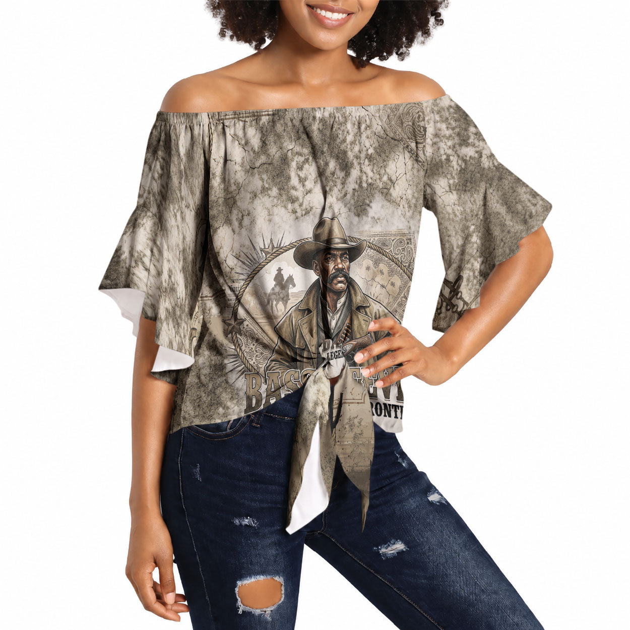 Bass Reeves Legend Black Cowboy Off Shoulder Wrap Waist Top Western Legend Vintage - Legend Of The Frontier