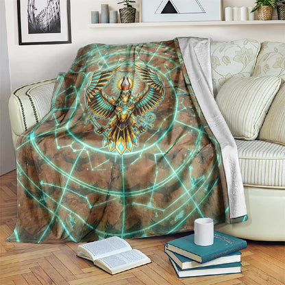Horus Eye of Ra Blanket Golden Falcon Ancient Egyptian Symbol in Futuristic