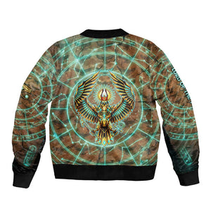 Horus Eye of Ra Bomber Jacket Golden Falcon Ancient Egyptian Symbol in Futuristic