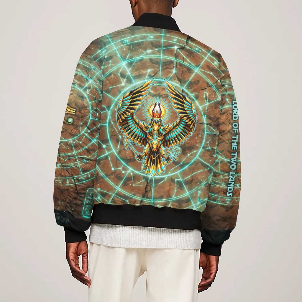 Horus Eye of Ra Bomber Jacket Golden Falcon Ancient Egyptian Symbol in Futuristic