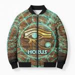 Horus Eye of Ra Bomber Puffer Jacket Golden Falcon Ancient Egyptian Symbol in Futuristic