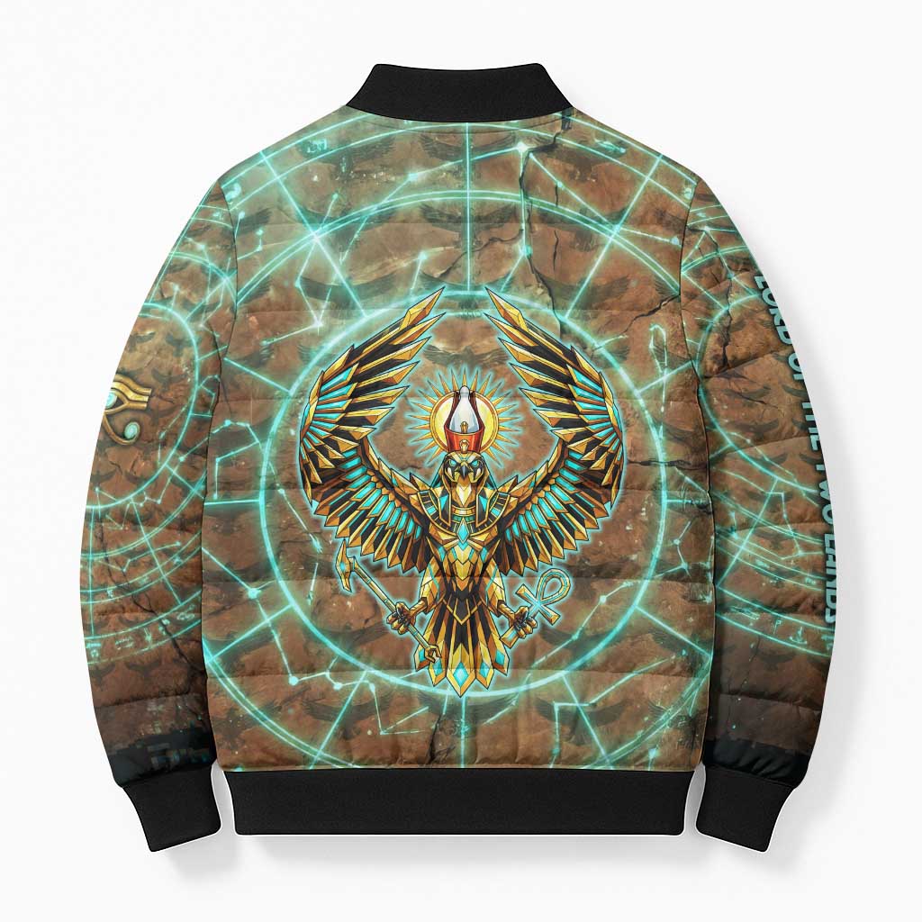 Horus Eye of Ra Bomber Puffer Jacket Golden Falcon Ancient Egyptian Symbol in Futuristic