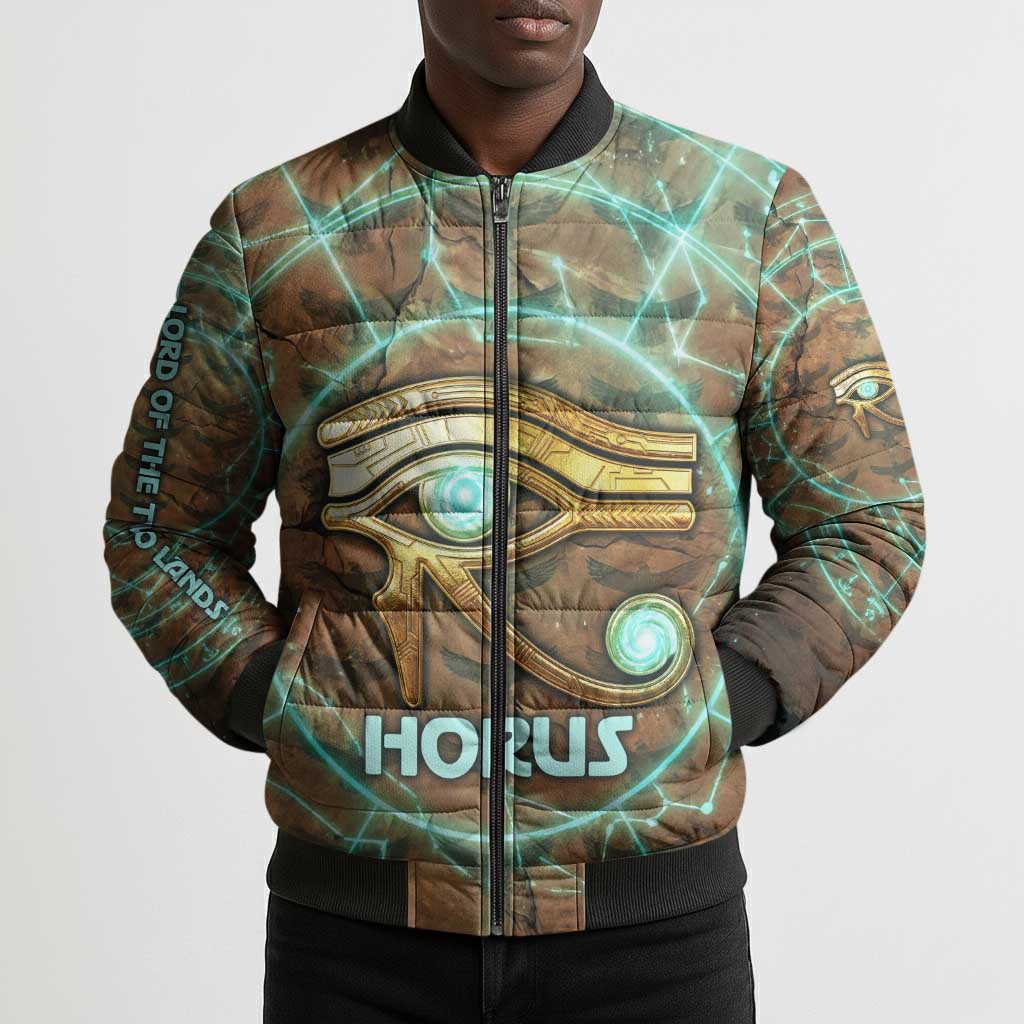 Horus Eye of Ra Bomber Puffer Jacket Golden Falcon Ancient Egyptian Symbol in Futuristic
