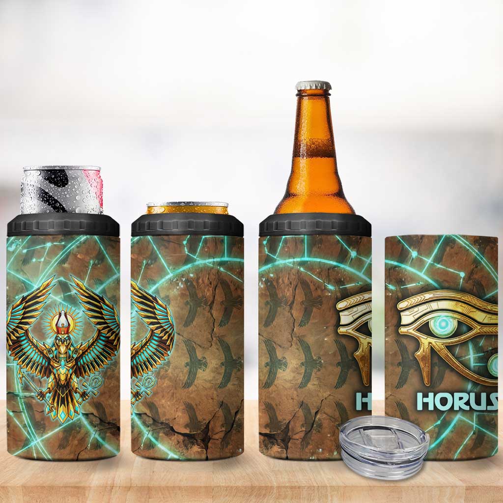 Horus Eye of Ra 4 in 1 Can Cooler Tumbler Golden Falcon Ancient Egyptian Symbol in Futuristic