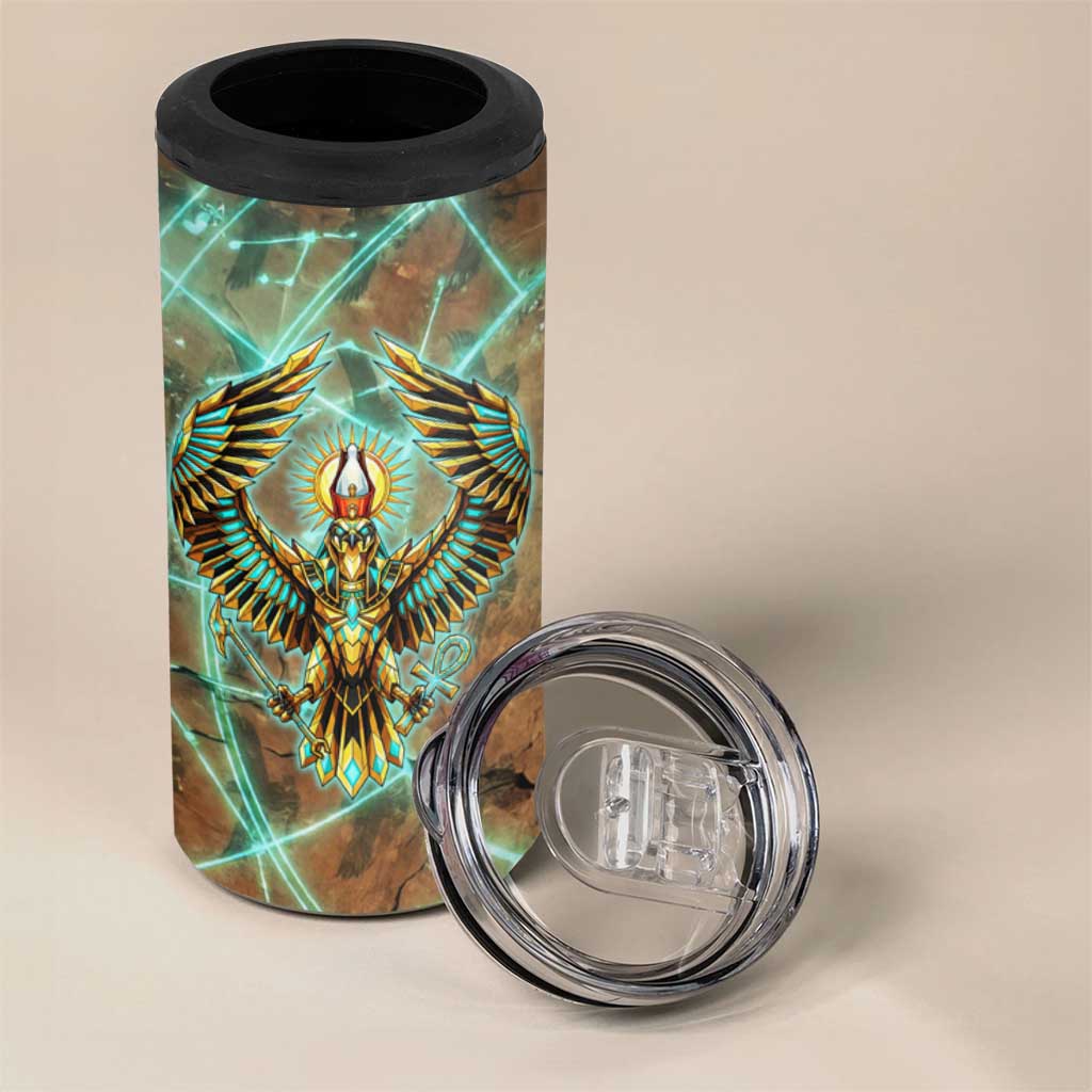 Horus Eye of Ra 4 in 1 Can Cooler Tumbler Golden Falcon Ancient Egyptian Symbol in Futuristic