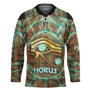 Horus Eye of Ra Hockey Jersey Golden Falcon Ancient Egyptian Symbol in Futuristic