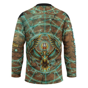 Horus Eye of Ra Hockey Jersey Golden Falcon Ancient Egyptian Symbol in Futuristic