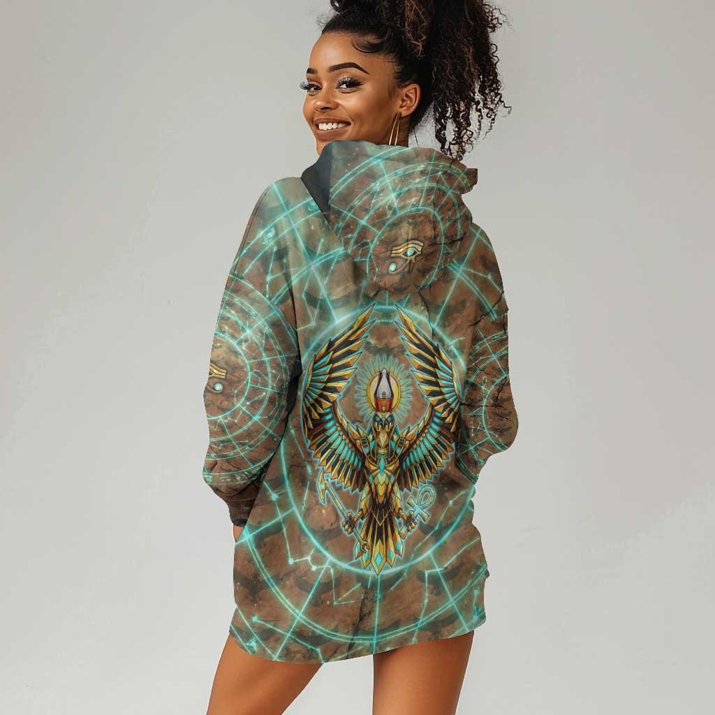 Horus Eye of Ra Hoodie Dress Golden Falcon Ancient Egyptian Symbol in Futuristic