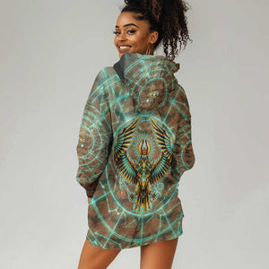 Horus Eye of Ra Hoodie Dress Golden Falcon Ancient Egyptian Symbol in Futuristic