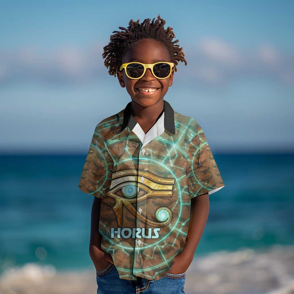 Horus Eye of Ra Kid Hawaiian Shirt Golden Falcon Ancient Egyptian Symbol in Futuristic