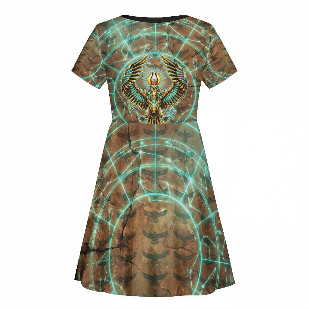 Horus Eye of Ra Kid Short Sleeve Dress Golden Falcon Ancient Egyptian Symbol in Futuristic