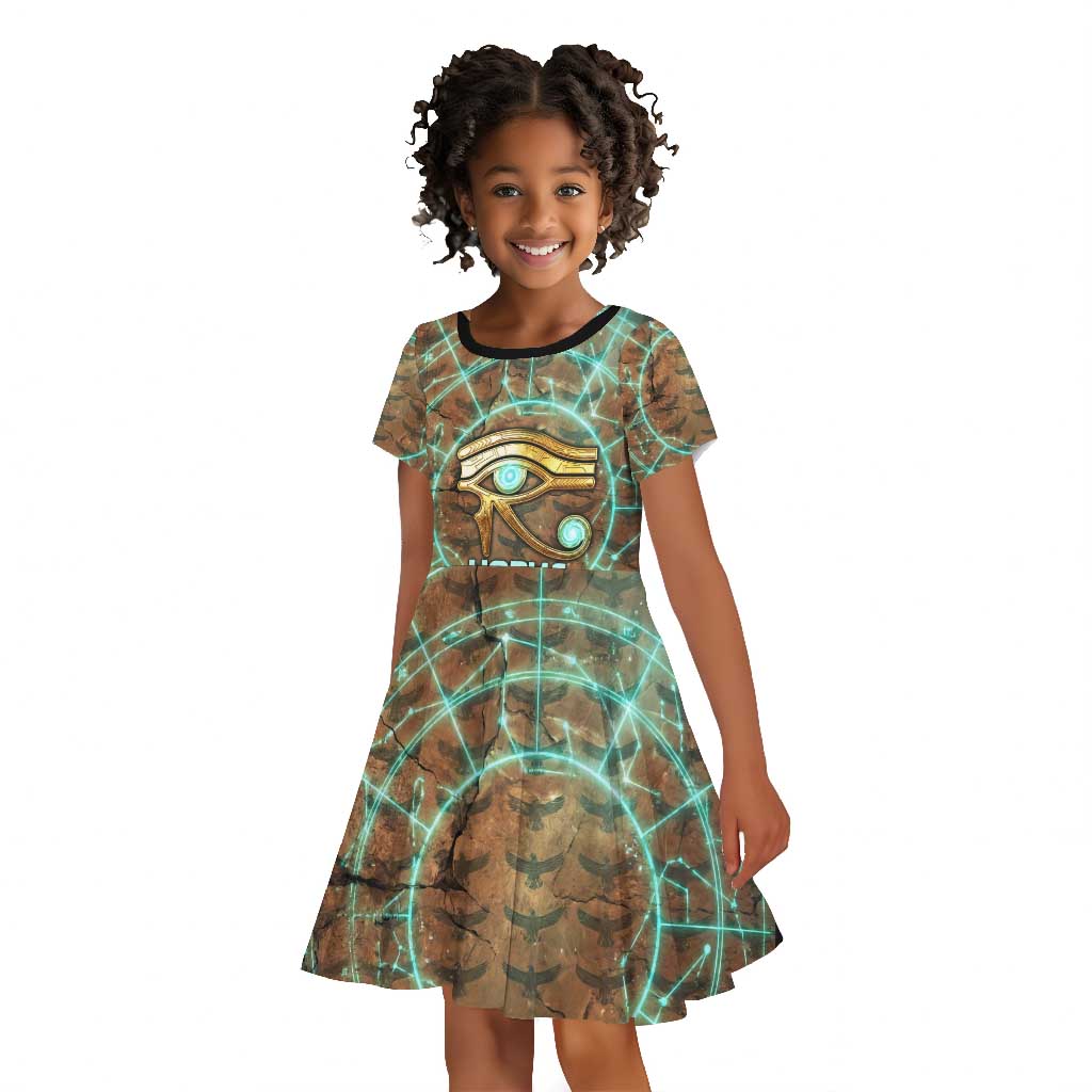 Horus Eye of Ra Kid Short Sleeve Dress Golden Falcon Ancient Egyptian Symbol in Futuristic