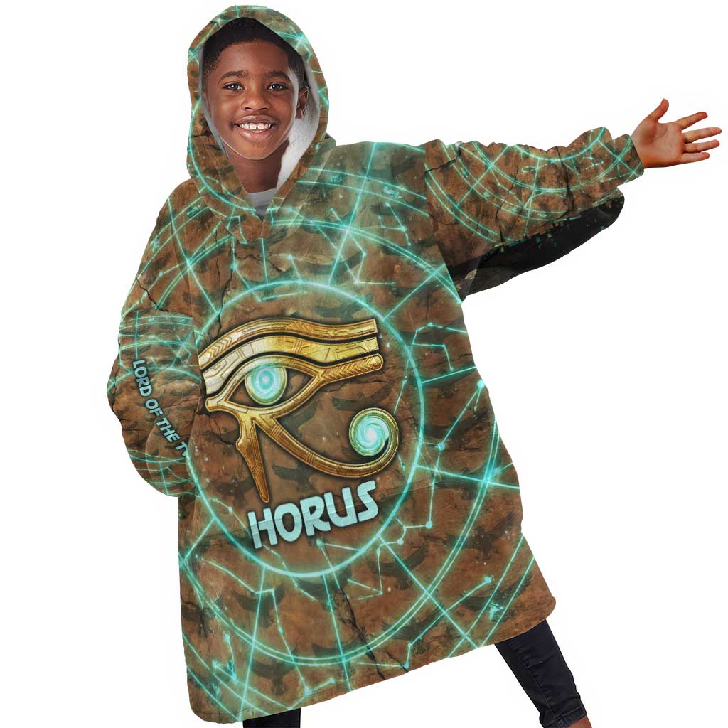 Horus Eye of Ra Kid Wearable Blanket Hoodie Golden Falcon Ancient Egyptian Symbol in Futuristic