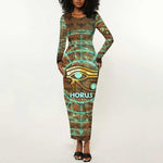 Horus Eye of Ra Long Sleeve Bodycon Dress Golden Falcon Ancient Egyptian Symbol in Futuristic