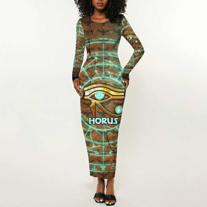 Horus Eye of Ra Long Sleeve Bodycon Dress Golden Falcon Ancient Egyptian Symbol in Futuristic