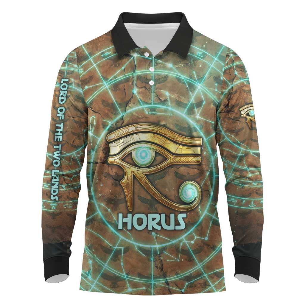 Horus Eye of Ra Long Sleeve Polo Shirt Golden Falcon Ancient Egyptian Symbol in Futuristic