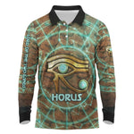 Horus Eye of Ra Long Sleeve Polo Shirt Golden Falcon Ancient Egyptian Symbol in Futuristic