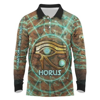 Horus Eye of Ra Long Sleeve Polo Shirt Golden Falcon Ancient Egyptian Symbol in Futuristic