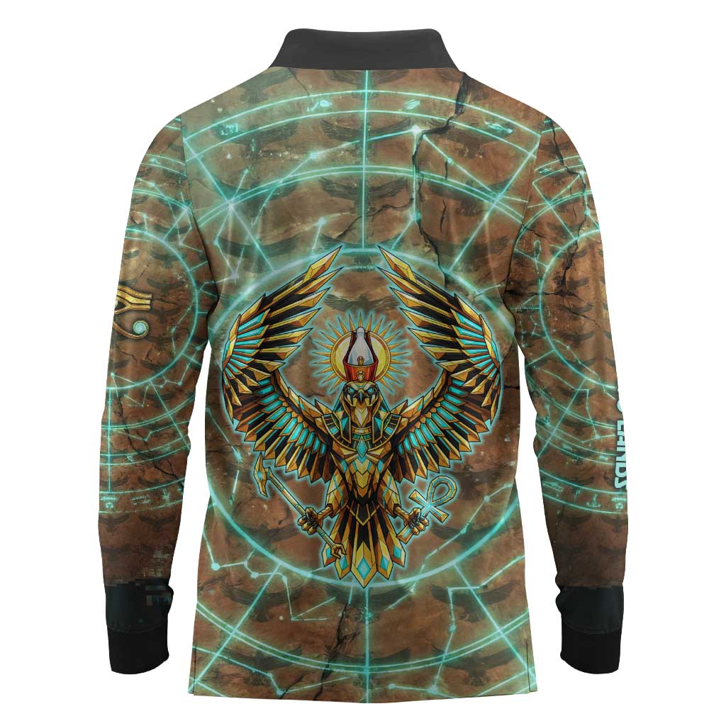 Horus Eye of Ra Long Sleeve Polo Shirt Golden Falcon Ancient Egyptian Symbol in Futuristic
