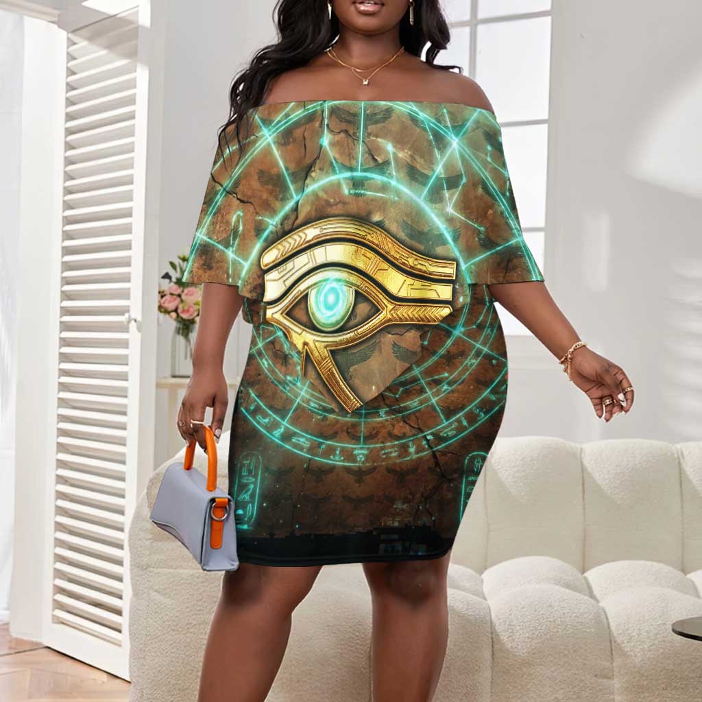 Horus Eye of Ra Off Shoulder Short Dress Golden Falcon Ancient Egyptian Symbol in Futuristic