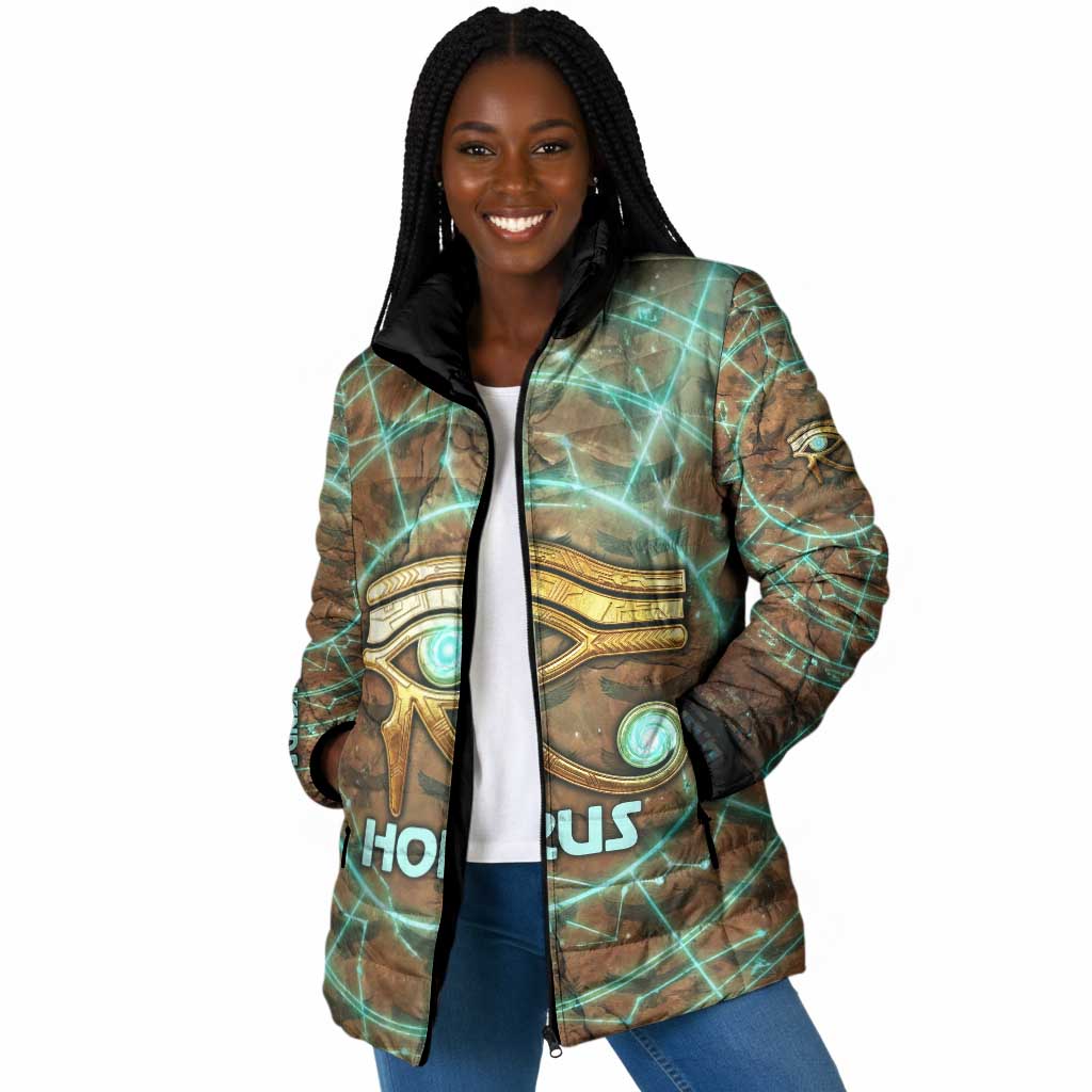 Horus Eye of Ra Padded Jacket Golden Falcon Ancient Egyptian Symbol in Futuristic